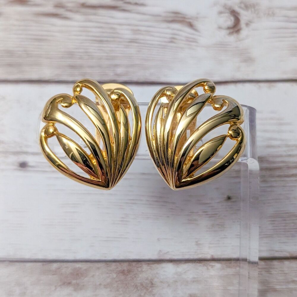 Vintage Clip On Earrings - Just Over 1 & 1/8" Gold Tone Flourish